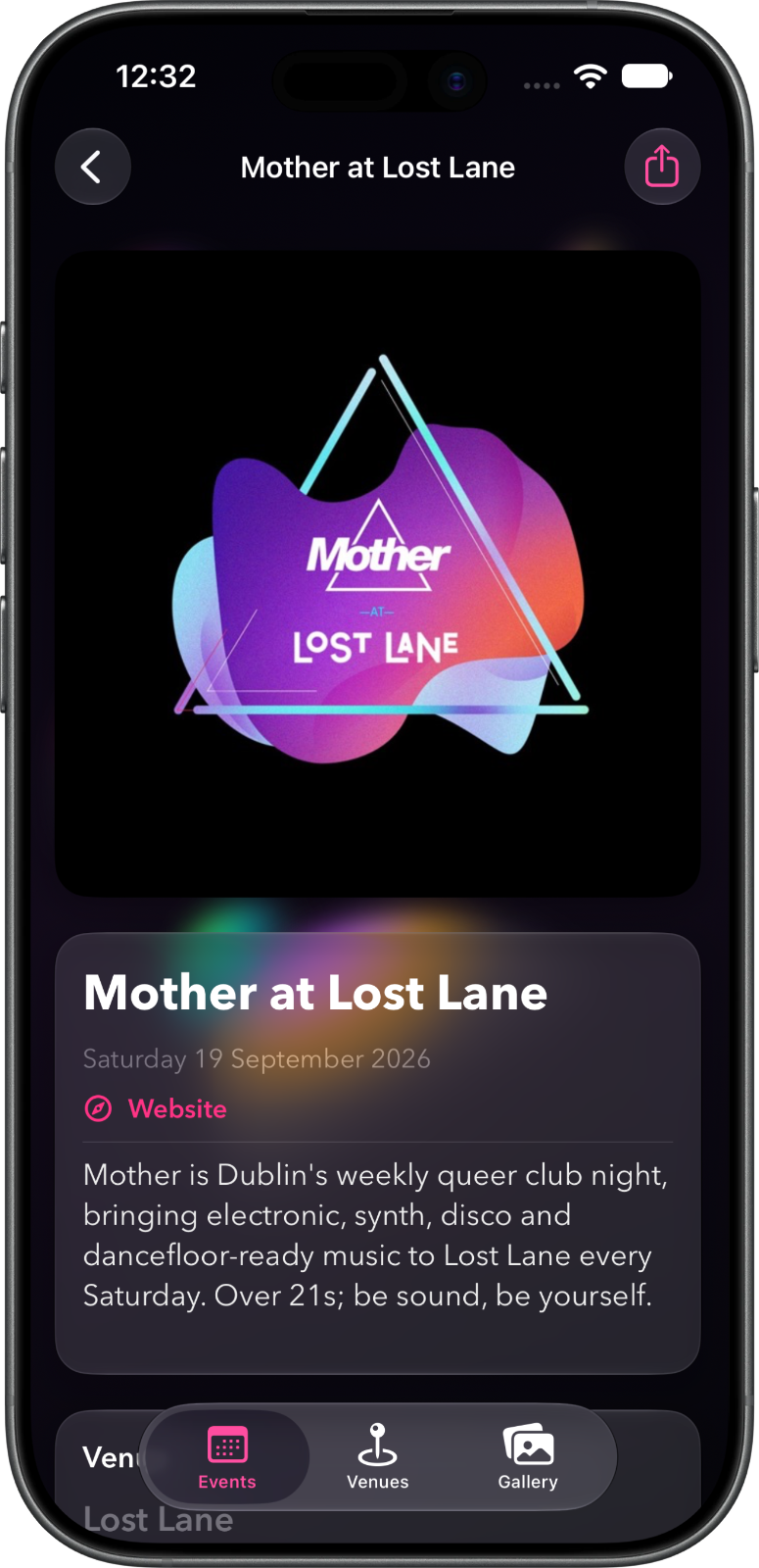Event details in the WheresGay Dublin LGBTQ+ events app
