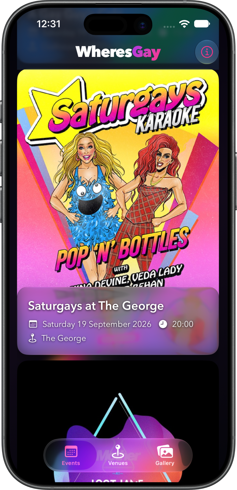 WheresGay app showing upcoming LGBTQ+ events in Dublin