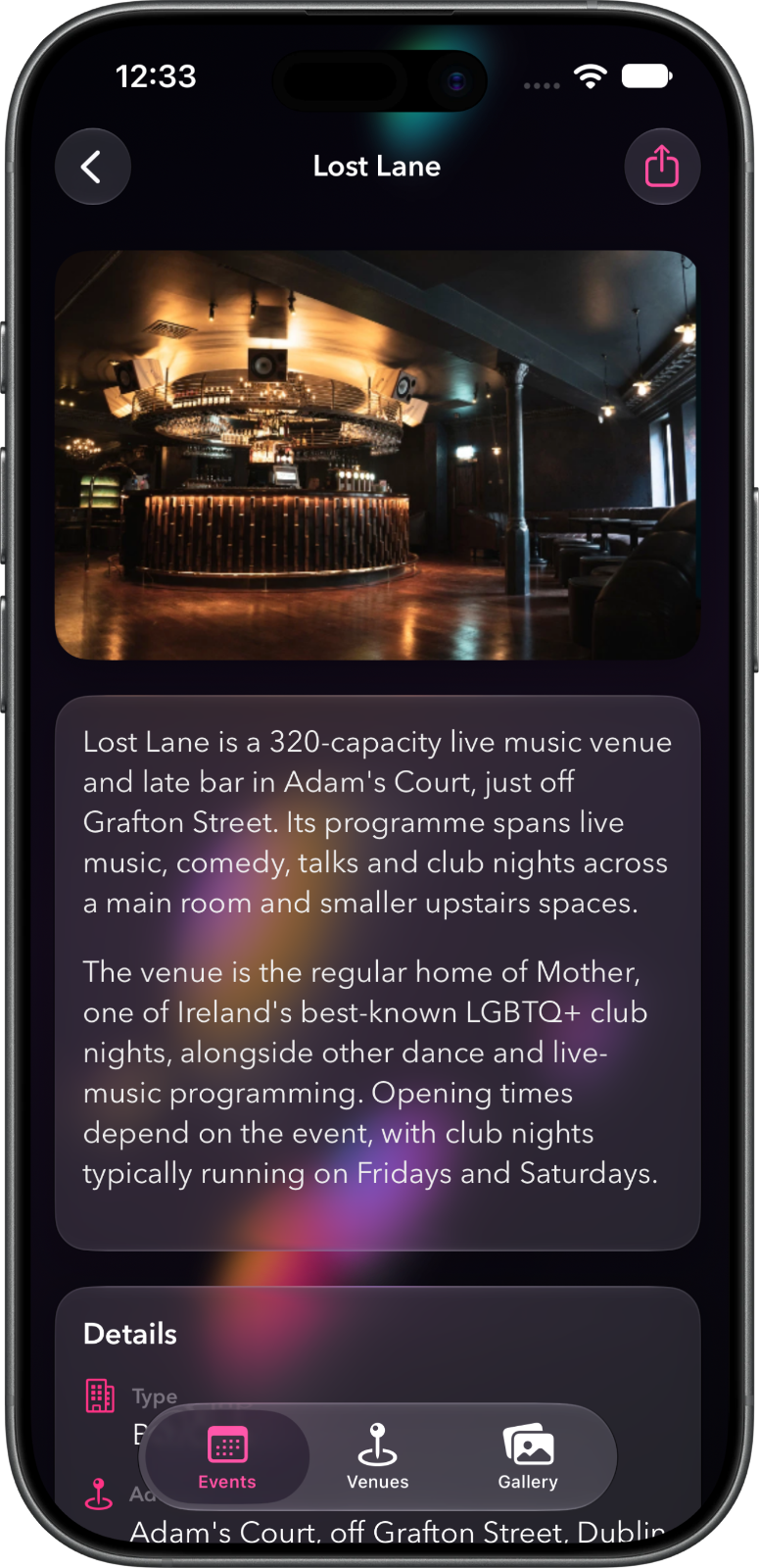Dublin LGBTQ+ venue details in the WheresGay app