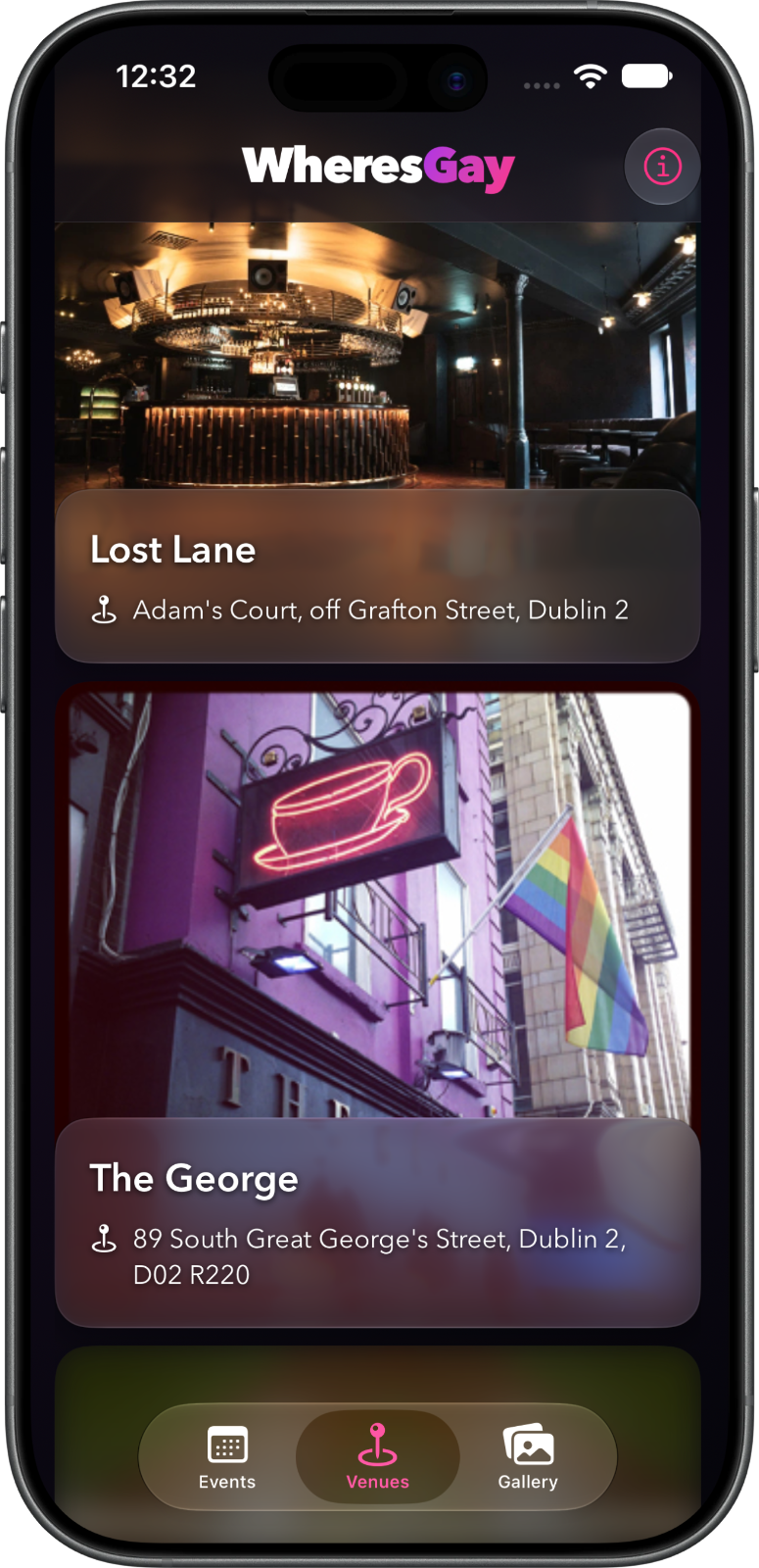 Dublin LGBTQ+ venue listings screen in the WheresGay app